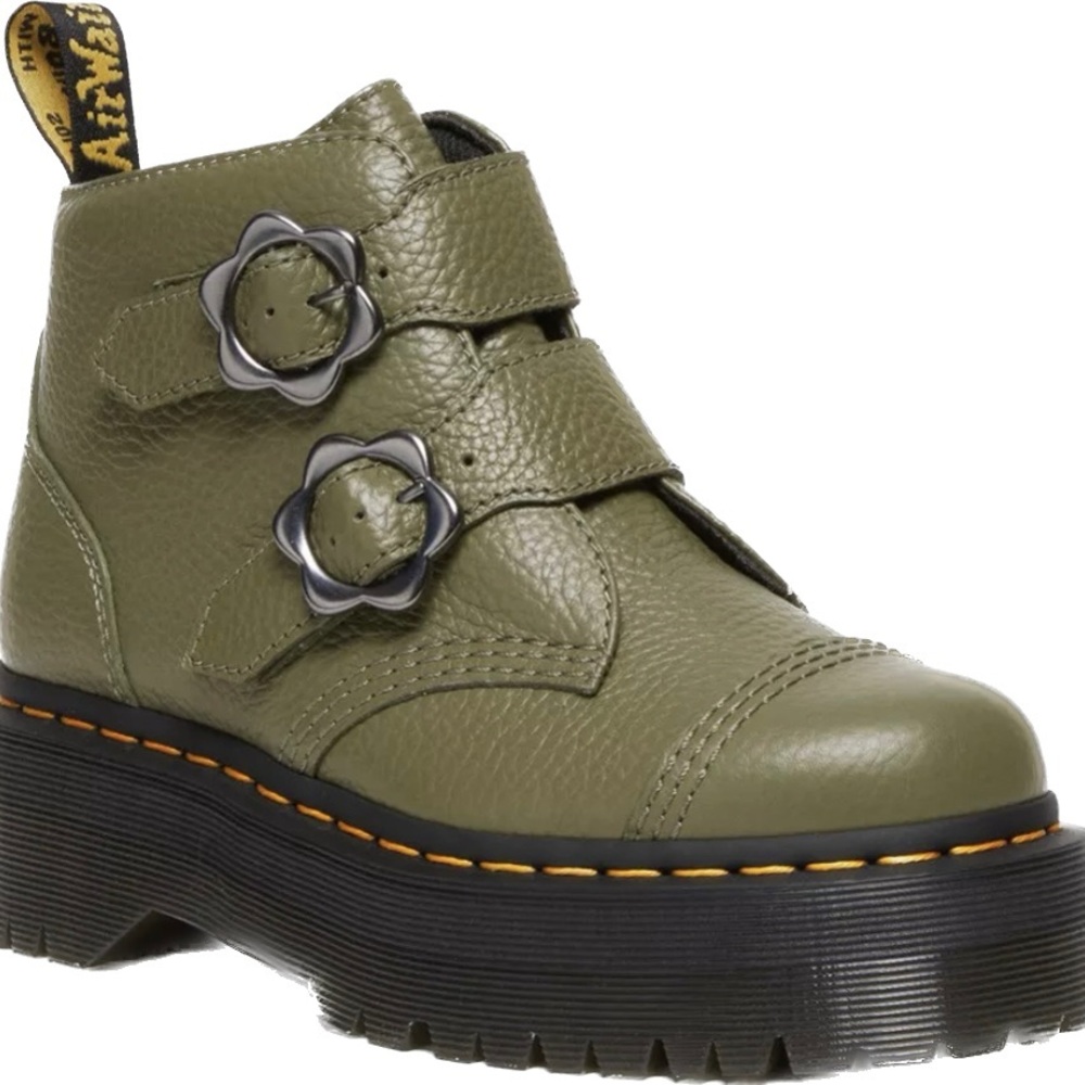 DR. MARTENS DEVON FLOWER BUCKLE LEATHER PLATFORM BOOTS | KHAKI GREEN | size 6
